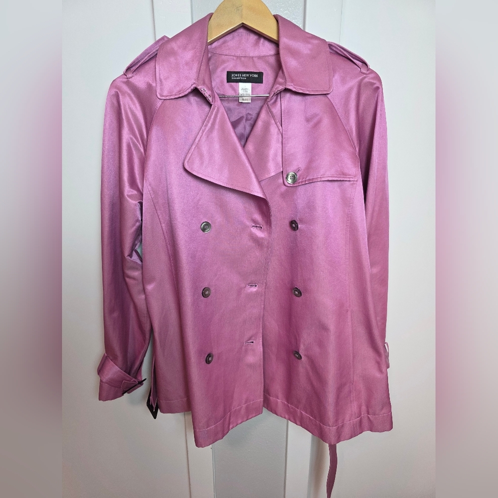 Jones New York Collection Pink Silk Blend Double Breasted Belted Trench Coat L - Picture 7 of 12